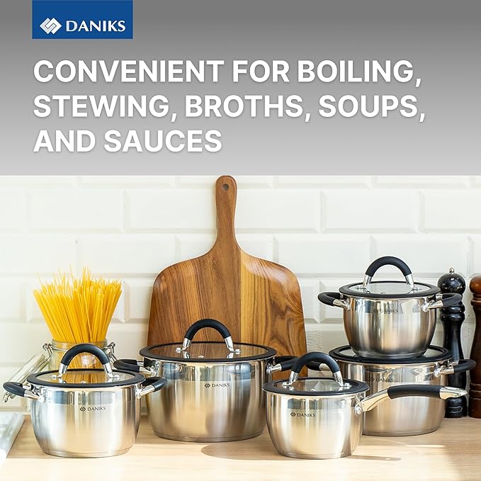 Daniks Orlando 10-Piece Stainless Steel Cookware Set with Glass Lids, Includes Saucepan, Tri-Ply Bases for Even Heating, Induction Compatible, Dishwasher Safe, Heatproof Handles