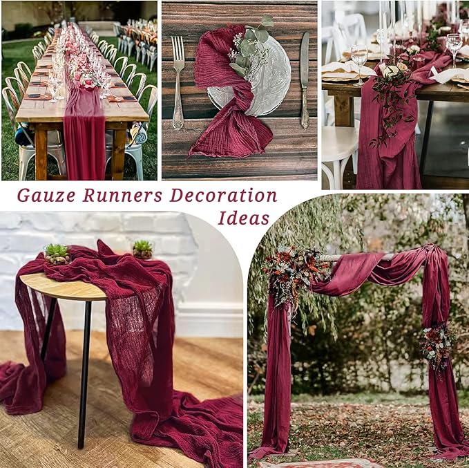 12 Pack 10Ft Burgundy Cheesecloth Table Runner 35 x 120 inch Boho Gauze Cheese Cloth Table Runner Vintage Rustic Sheer Runners for Wedding Bridal Shower Birthday Party Cake Table Decorations