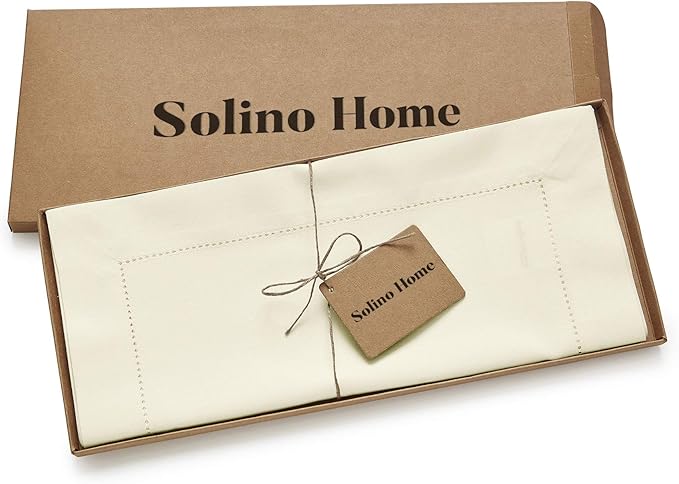 Solino Home Ivory Table Runner 60 Inches - Cotton Linen Hemstitch Coffee Table Runner 14 x 60 Inch Ideal for Dresser Tables - Christmas, Holiday, New Year