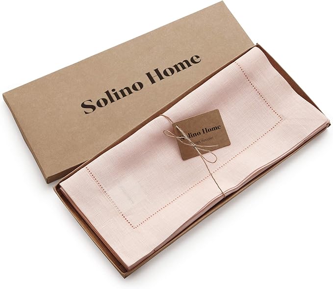 Solino Home Linen Pink Table Runner 120 Inches Long - 100% Pure Linen Hemstitch 14 x 120 Inch Table Runner for Dining, Christmas - Classic Hemstitch