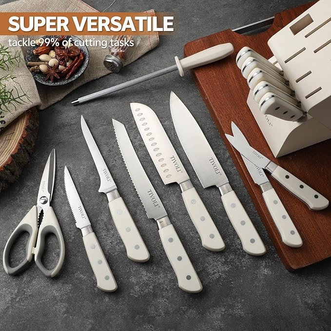 TIVOLI Knife Block Set, 15 PCS Kitchen Knife Set with Block & Honing Rod & Kitchen Scissor, High Carbon Stainless Steel Cutlery Knife Set, Ergonomic Wood Handle, Gifts For Cooks, Cream White