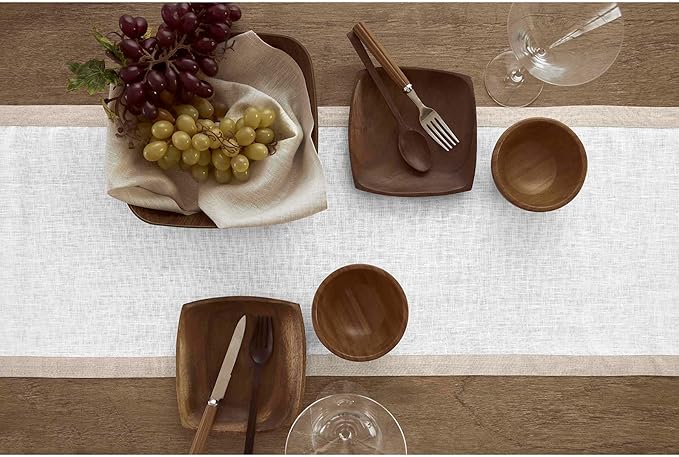 Solino Home Linen Table Runner 108 Inches Long - Natural and White 100% Pure Linen 14 x 108 Inch Table Runner for Dining, Christmas, Holiday, New Year - Classic
