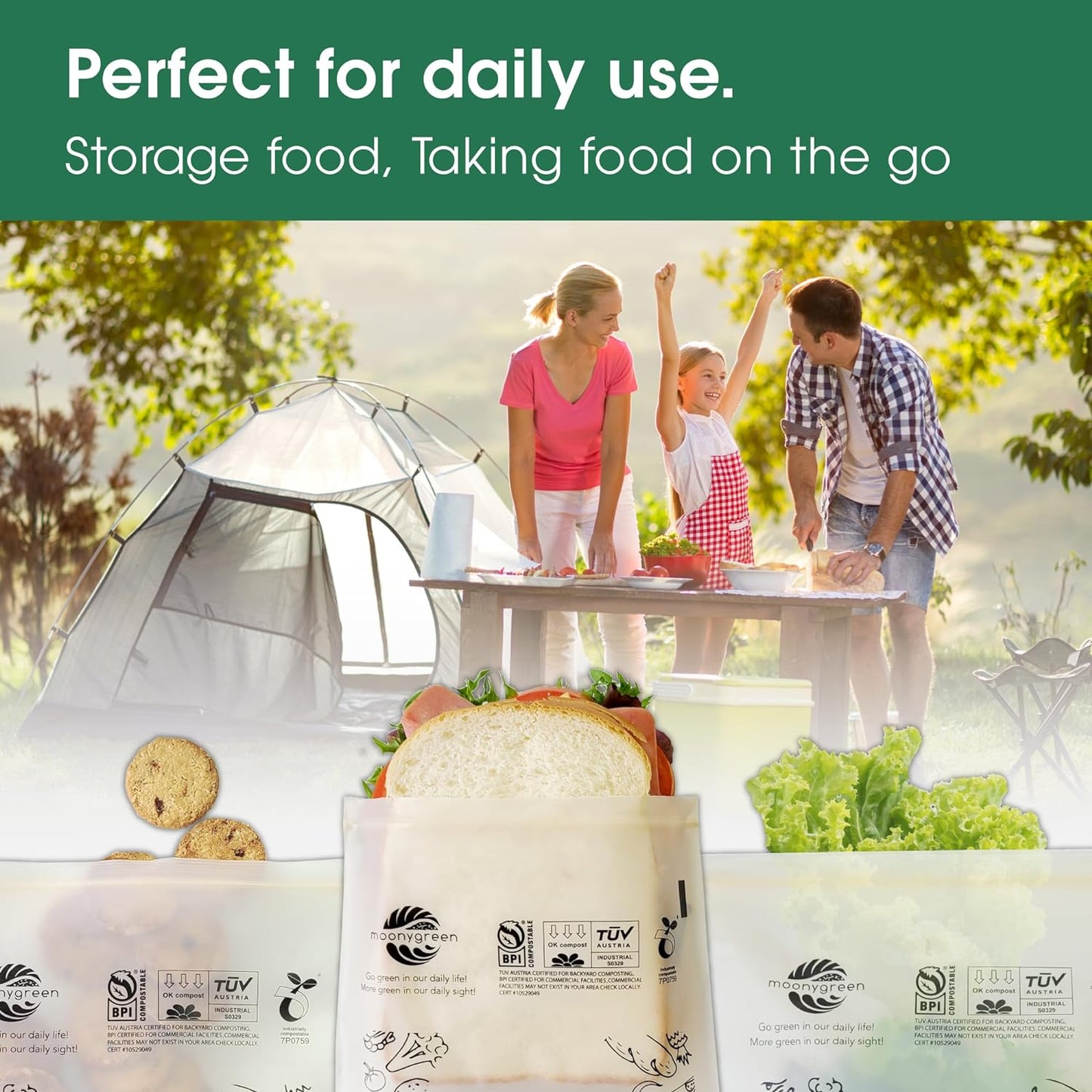 Compostable Food Storage Bags, Resealable, 50 Snack, 50 Sandwich, 30 Quart, 30 Gallon, Extra Thick, Certified US BPI ASTM D6400 Europe OK Compost