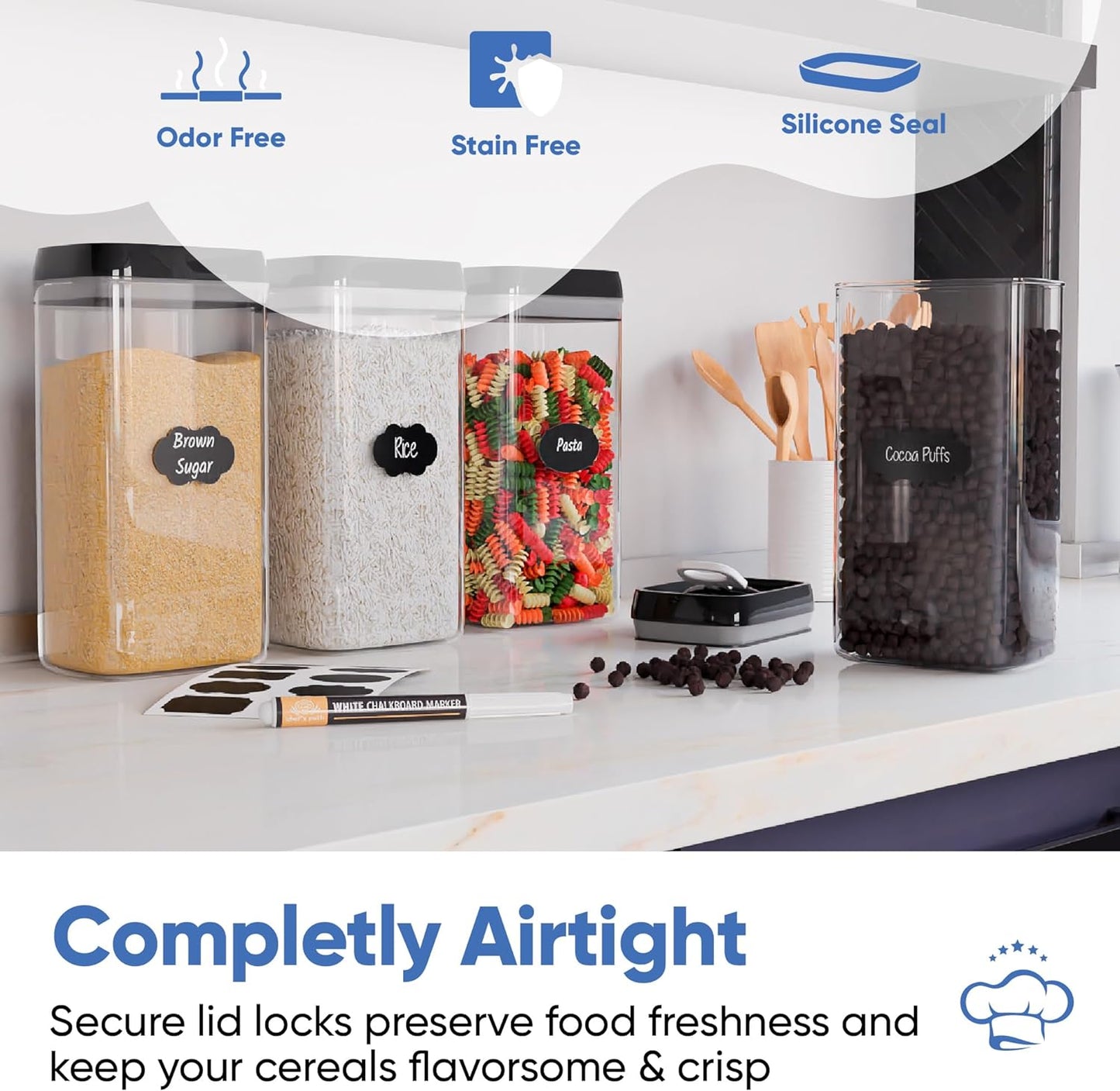Chef's Path Airtight Food Storage Boxes with Labels - Kitchen Storage - Flour, Cereal, Pasta - Plastic Storage Boxes with Lids (4pcs-3.2L)