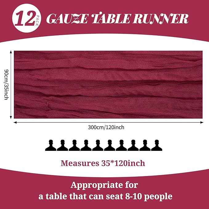 12 Pack 10Ft Burgundy Cheesecloth Table Runner 35 x 120 inch Boho Gauze Cheese Cloth Table Runner Vintage Rustic Sheer Runners for Wedding Bridal Shower Birthday Party Cake Table Decorations
