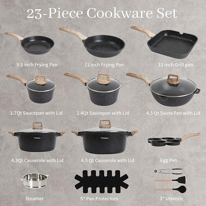 23-Piece Nonstick Pots and Pans Set – Granite Cookware Set, PFOA-Free – Includes Frying Pans, Saucepans, Griddle, Egg Pan – Induction, Gas, Electric Compatible – Black