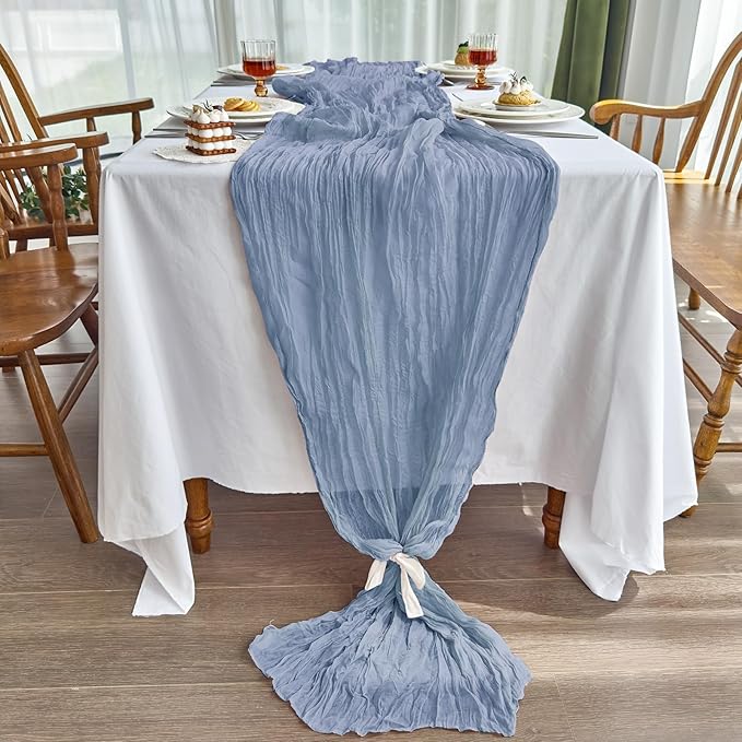 IVAPUPU 1 Pcs Cheesecloth Table Runner - 10ft Dusty Blue Boho Gauze Cheese Cloth Table Runners for Baby Shower Decoration Wedding Party Summer Garden Farmhouse