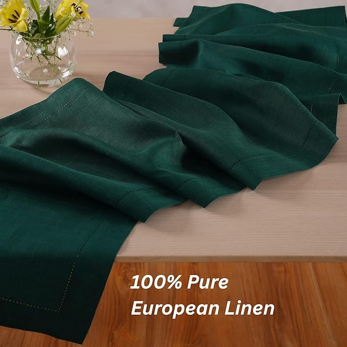 Home Ekaa 100% Pure Linen Green Table Runner 14 x 36 Inch - Small Hemstitch Table Runner - Cloth Fabric Runner for Christmas, Fall, Winter, Holiday & New Year - Elara