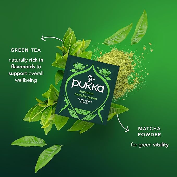 Pukka Supreme Matcha Green Organic Herbal Tea, Energizing Infusion Organic Tea Selection, with Matcha Powder, Ideal for Daily Vitality, Caffeine Free, 20 Total Bags (Pack of 2)