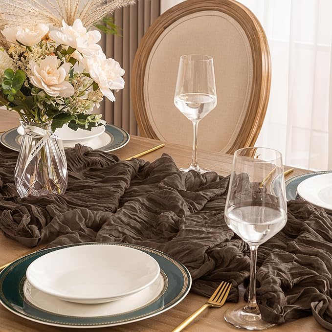 Leetaltree 4 Pack Brown Cheesecloth Table Runner, 35x120 Inch Boho Rustic Cheese Cloth Table Runner, Decorative Table Runners for Bridal Baby Shower Decorations or Wedding Table Decorations