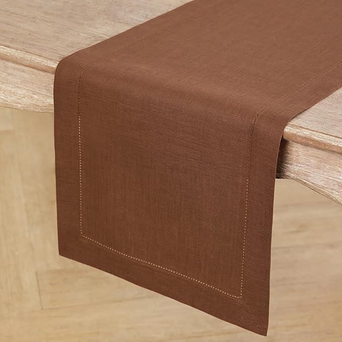 Solino Home Linen Brown Table Runner 48 Inches - Classic Hemstitch, 100% Pure Linen Coffee Table Runner 14 x 48 Inch Ideal for Dresser Tables