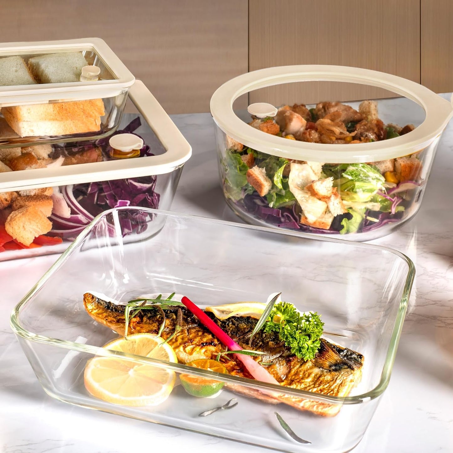 Urban Green Glass Food Container Set with Silicone Glass Lid, Large Size 3 Pack, Meal Prep Food Storage Containers with Airtight Lids, Leakproof, 100% Plastic Free, White color