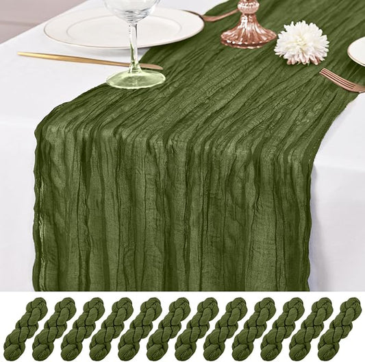 12 Pack Olive Green Table Runner 10Ft Cheesecloth Table Runner Rustic Gauze Table Runners Romantic Long Sheer Fabric Cheese Cloth Table Runners for Wedding Party Bridal Baby Shower