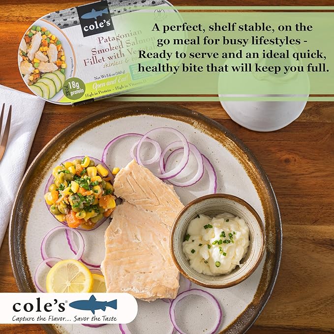 COLE’S - Patagonian Smoked Salmon Fillet with Vegetables| Ready to Eat Meal | 5.6 oz Canned & Hand-Packed | 19g Protein | High in Vitamin D | 6 Pack