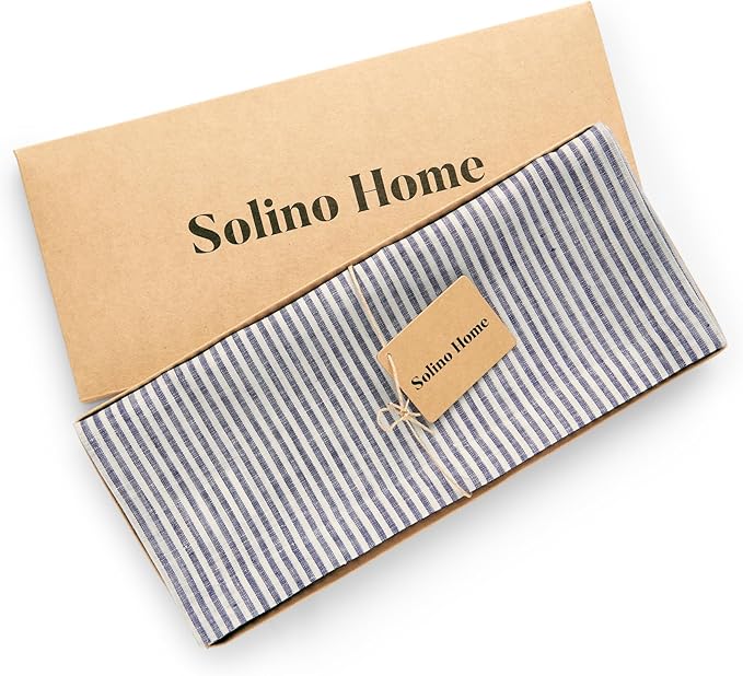 Solino Home Linen Table Runner 36 Inches - Narrow Stripe 100% Pure Linen Navy and White Table Runner 14 x 36 Inch Ideal for Dresser and Coffee Tables - Winter, Christmas, New Year