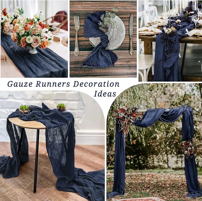 12 Pack 10Ft Navy Blue Cheesecloth Table Runner 35 x 120 inch Boho Gauze Cheese Cloth Table Runner Vintage Rustic Sheer Runners for Wedding Bridal Shower Birthday Party Cake Table Decorations