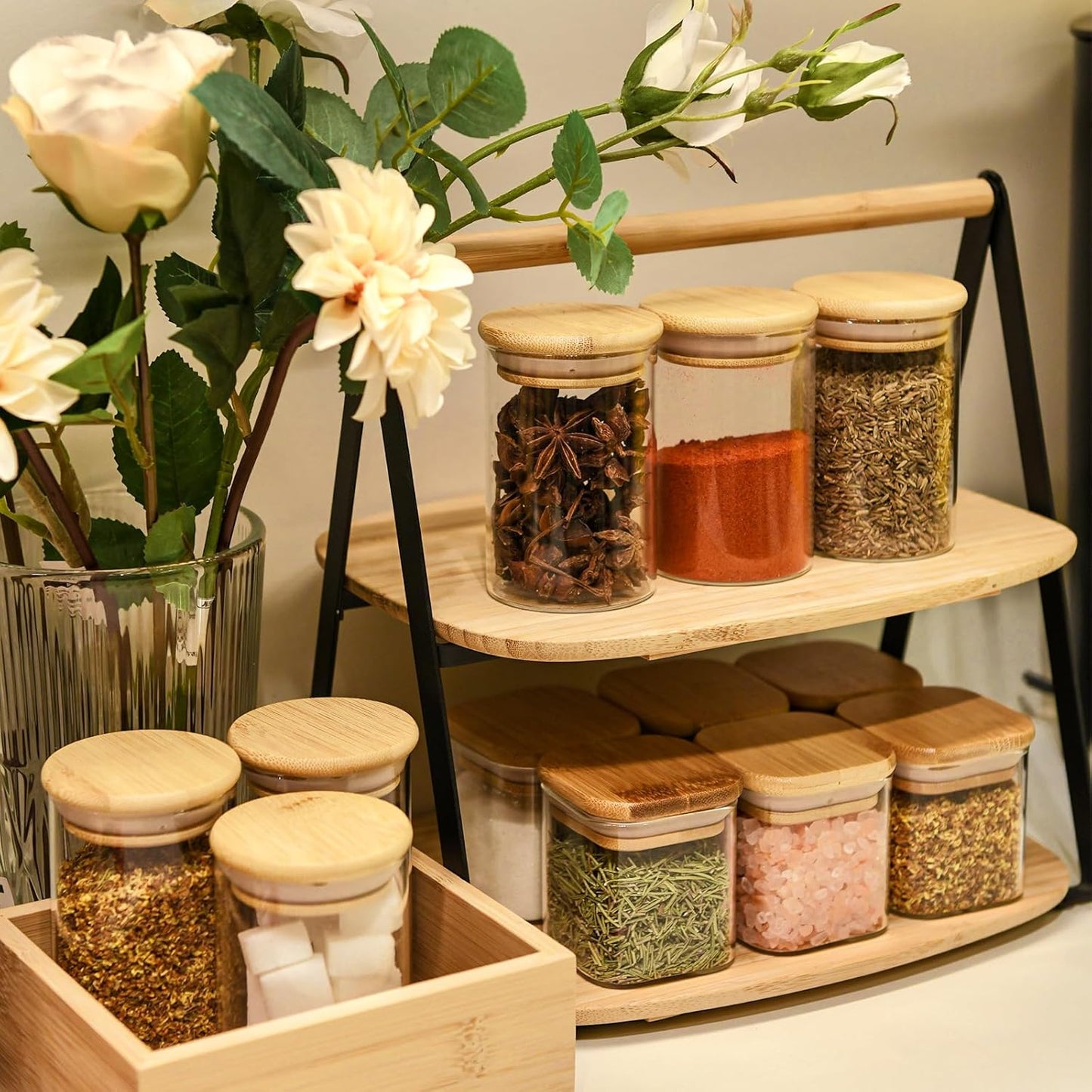 6oz Glass Food Storage Jars, Glass Jars with Bamboo Lids, Kitchen Storage Jars, Set of 12, Canisters with Airtight Lids for Spice, Coffee, Cookie, Pantry Organizers