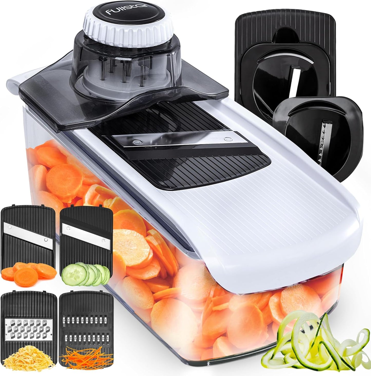 Fullstar Mandoline Slicer for Kitchen, Fruit Cutter, Cheese Grater, Cucumber Slicer, Veggie Spiralizer, Food Cutter & Kitchen Gadgets with Safety Glove (6 in 1, White)