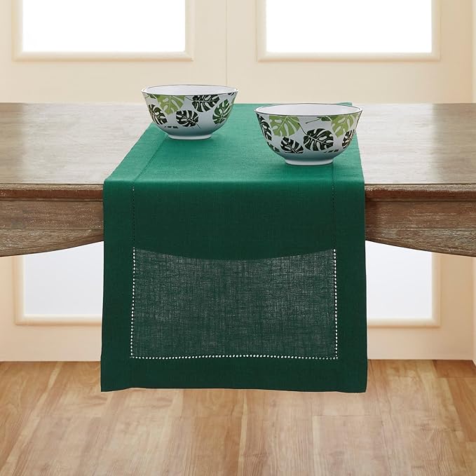 Solino Home Linen Rainforest Green Table Runner 156 Inches Long - 100% Pure Linen Extra Long Table Runner 14 x 156 Inch for Christmas, New Year - Classic Hemstitch