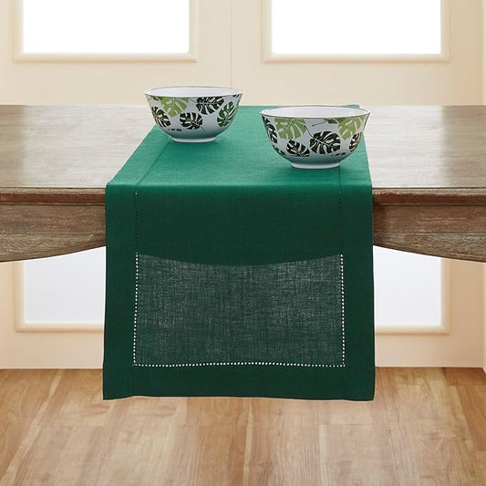 Solino Home Linen Rainforest Green Table Runner 156 Inches Long - 100% Pure Linen Extra Long Table Runner 14 x 156 Inch for Christmas, New Year - Classic Hemstitch