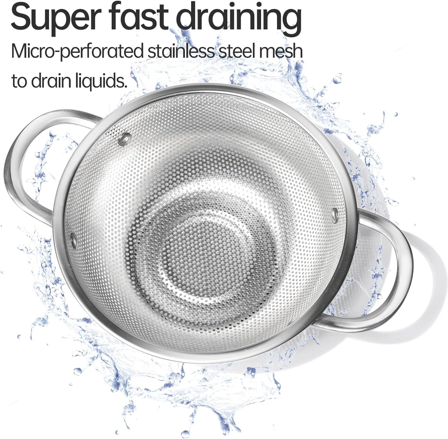 Premium Stainless Steel Colander for Kitchen, Food Strainer Basket with Handle and Solid Ring Base for Fruits Vegetables Rice and Pasta, Dishwasher Safe (3QT+5QT)