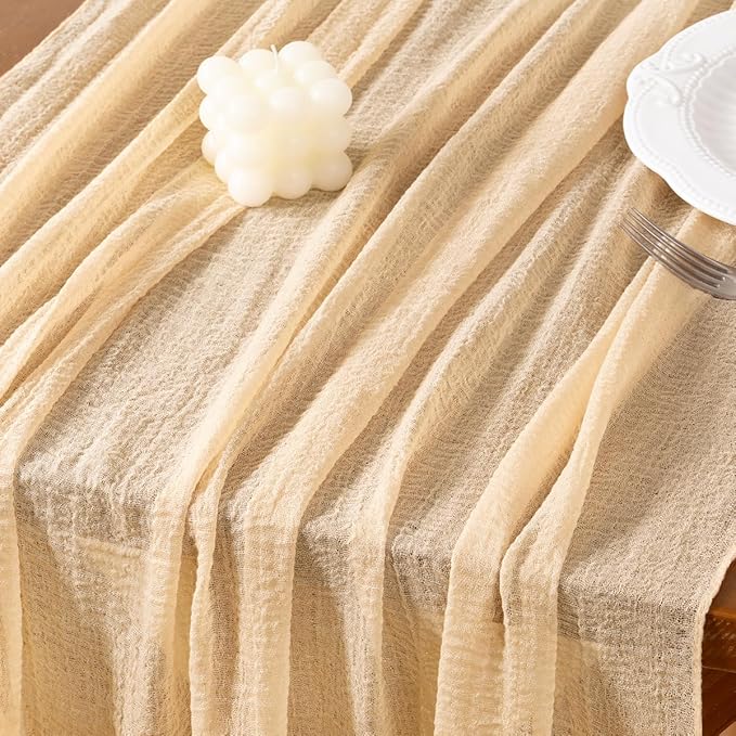 Socomi 6pcs Beige Cheesecloth Table Runner Fall Thanksgiving Gauze 120 Inch Rustic Boho Cheese Cloth Runner for Wedding Party Baby Bridal Shower Centerpiece Decoration Holiday Home Decorations
