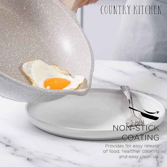Country Kitchen Non-Stick Cast Aluminum Cookware Set - Durable Kitchen Cookware for Everyday Cooking, Cream, 11 Pc.