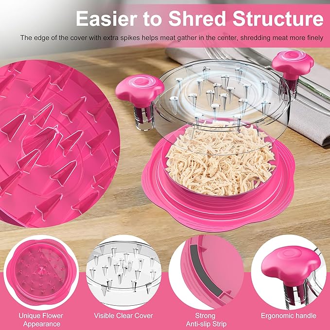 Chicken Shredder Large Chicken Breast Shredder Tool Twist with Brush&Fork, Visible Meat Shredder Machine, Anti-Slip Strip, Ergonomic Handle, BPA Free, Pork Beef Chicken(Hot Pink)