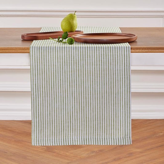Solino Home Linen Table Runner 144 Inches Long - Narrow Stripe, 100% Pure Linen Avocado and White Table Runner 14 x 144 Inch for Dining