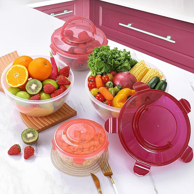 LUXEAR Mixing Bowls with Lids Set, Storage Bowls with Lids Set for Fridge, Meal Prep Bowls 4 Set BPA-Free Salad Bowls with Lid & Handle BPA-Free Salad Storage Container Cooking/Baking/Dishwasher Safe