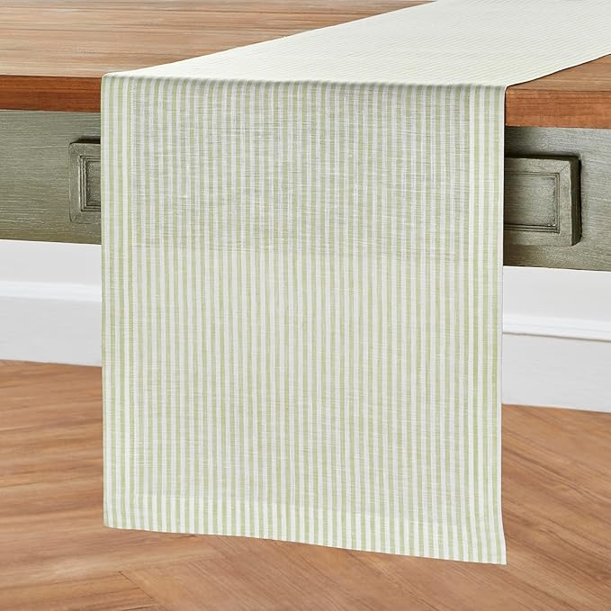 Solino Home Linen Table Runner 72 Inches Long - Narrow Stripe, 100% Pure Linen Sage and White Table Runner 14 x 72 Inch for Dining, Dresser, Christmas, New Year