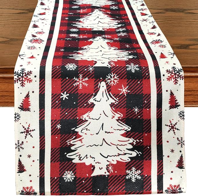 Buffalo Plaid Christmas Tree Table Runner, Red, 13x72 Inch
