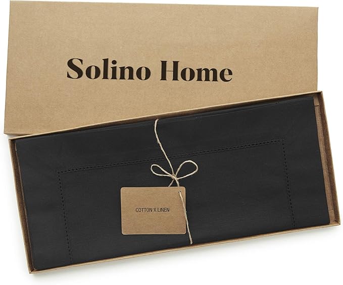 Solino Home Black Table Runner 36 Inches - Cotton Linen Hemstitch Coffee Table Runner 14 x 36 Inch Ideal for Dresser Tables - Winter, Holiday, Christmas, New Year