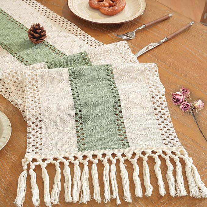 Niviy Sage Green Table Runner 72 Inches Long with Tassels, Seasonal Spring Summer Washable Embroidered Striped Braided Green and Beige Boho Table Runners for Holiday Party 12 x 72 Inches