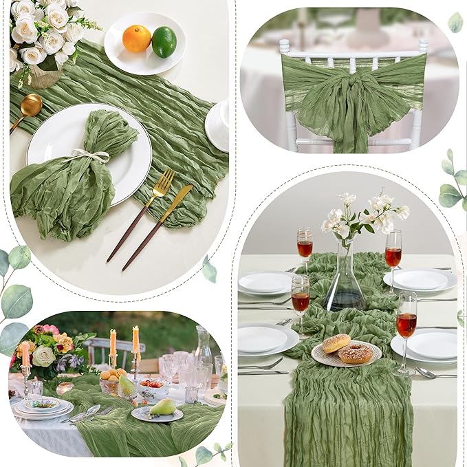 Sage Green Christmas Cheesecloth Table Runner 10FT Long Boho Gauze Table Runner Rustic Sheer Runner for Wedding Bridal Baby Shower Birthday Party Table Decor Home Christmas Decorations（6 Pack）