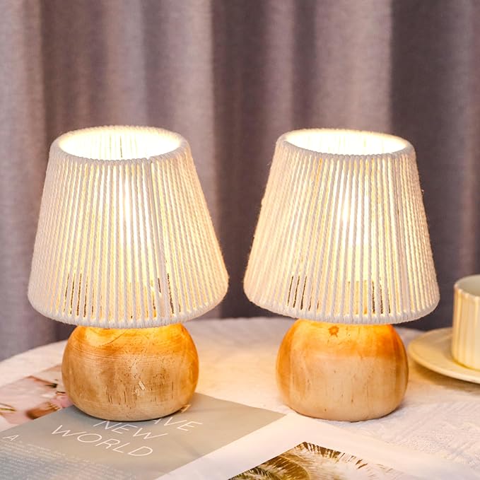 TRIROCKS Set of 2 Woven Cotton Rope Table Lamp - 8'' Tall Cordless Lamps with Wooden Base Boho Lamps Great for Living Room Bedroom Weddings Parties Patio Events