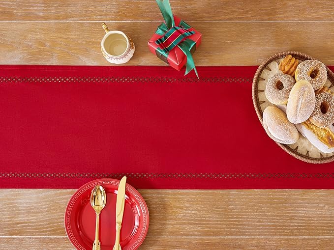Burlap Style Farmhouse 13 x 48 Inch Red Table Runner, Rustic Geometric Hollow Christmas Table Runners 48 Inches Long for Winter Christmas Party Decorations, 13x48 Inches, Red