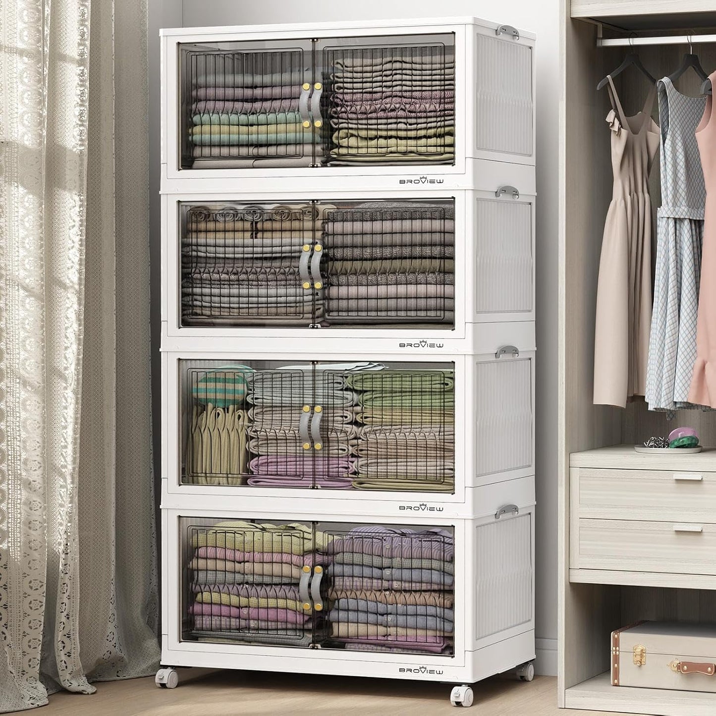480Qt Stackable Storage Bins with Lid, Extra Large Closet Organizer Collapsible Drawer Boxes with Wheels, Folding Plastic Cabinet Containers for Home Kitchen Room Organization, 4Pack White