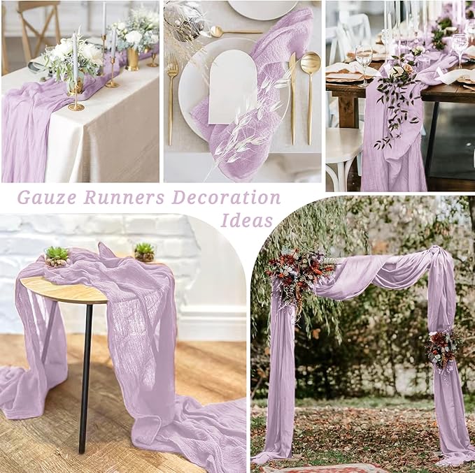 12 Pack 10Ft Lilac Cheesecloth Table Runner 35 x 120 inch Boho Gauze Cheese Cloth Table Runner Vintage Rustic Sheer Runners for Wedding Bridal Shower Birthday Party Cake Table Decorations