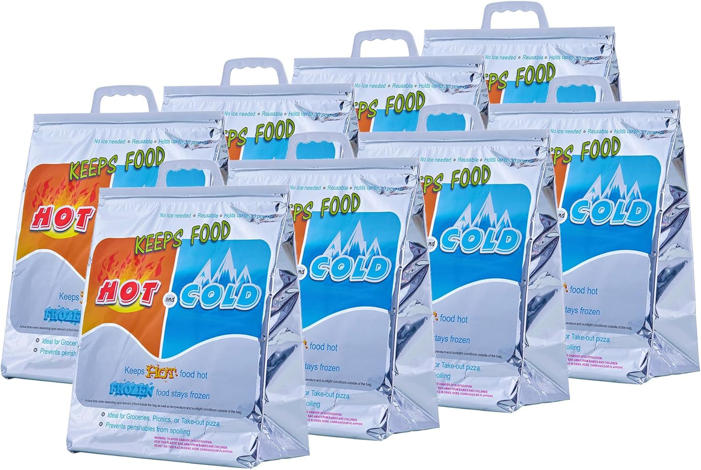 Superio Hot and Cold Insulated Bags for Food Delivery, Grocery Shopping Bags, Food Storage for Hot and Frozen Food for Travel, Disposable Cooler Bag, Reinforced Thermal Lunch Bag (8, 13"x7"x15.5")