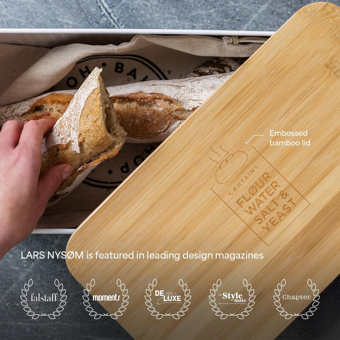 LARS NYSØM Bread Box I Metal Box with linen bag for long lasting freshness I Bread Bin with bamboo lid usable as cutting board I 13.4x7.3x5.3In (Midnight Blue)