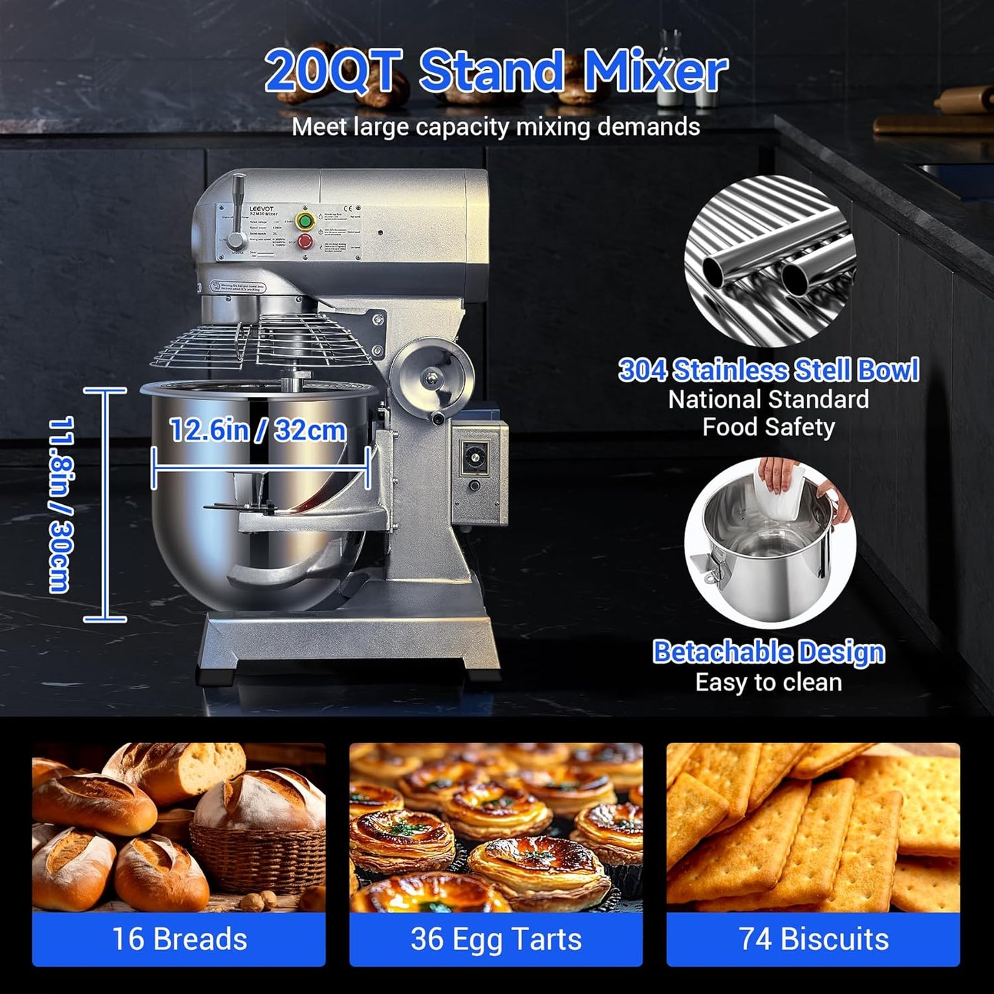 20Qt Commercial Stand Mixer with Timing Function,1100W Commercial Mixer 3-Speed Adjustable,Electric Stand Commercial Dough Mixer with Stainless Steel Bowl for Bakery Pizzeria