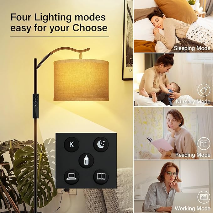 BoostArea Floor Lamp for Living Room,Arc Floor Lamp with Remote Control,Stepless Dimmable Brightness & Colors Temperature 2700k-6500k,Modern Standing Lamp for Bedroom Study Room Office,Jute