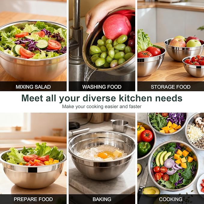5 Piece Stainless Steel Mixing Bowls with Lids Set - Khaki Nesting Metal Mixing Bowls for Kitchen, Sizes 4.5, 4, 3.5, 2.1, 1.5 Qt for Baking, Cooking and Serving, Dishwasher Safe