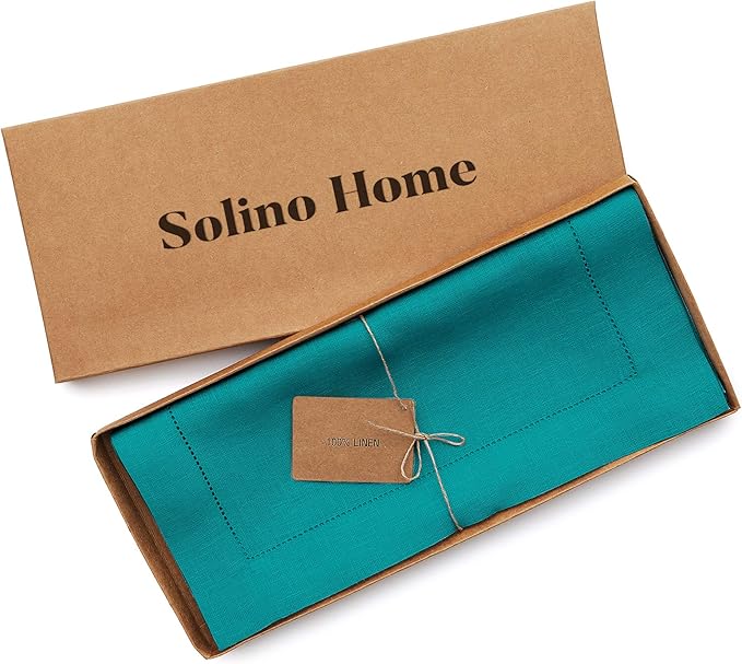 Solino Home Linen Table Runner 120 Inches Long - 100% Pure Linen Teal Table Runner 14 x 120 Inch for Christmas, New Year - Classic Hemstitch