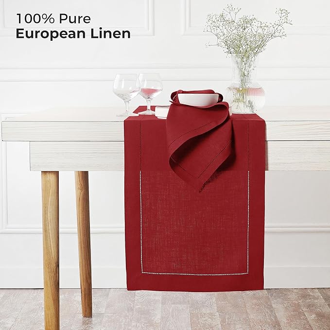 D'Moksha Homes Linen Table Runner 14 x 90 Inch - 100% Pure Linen Classic Hemstitch Red Table Runner - Machine Washable Farmhouse Table Runner for Christmas Decor, New Year