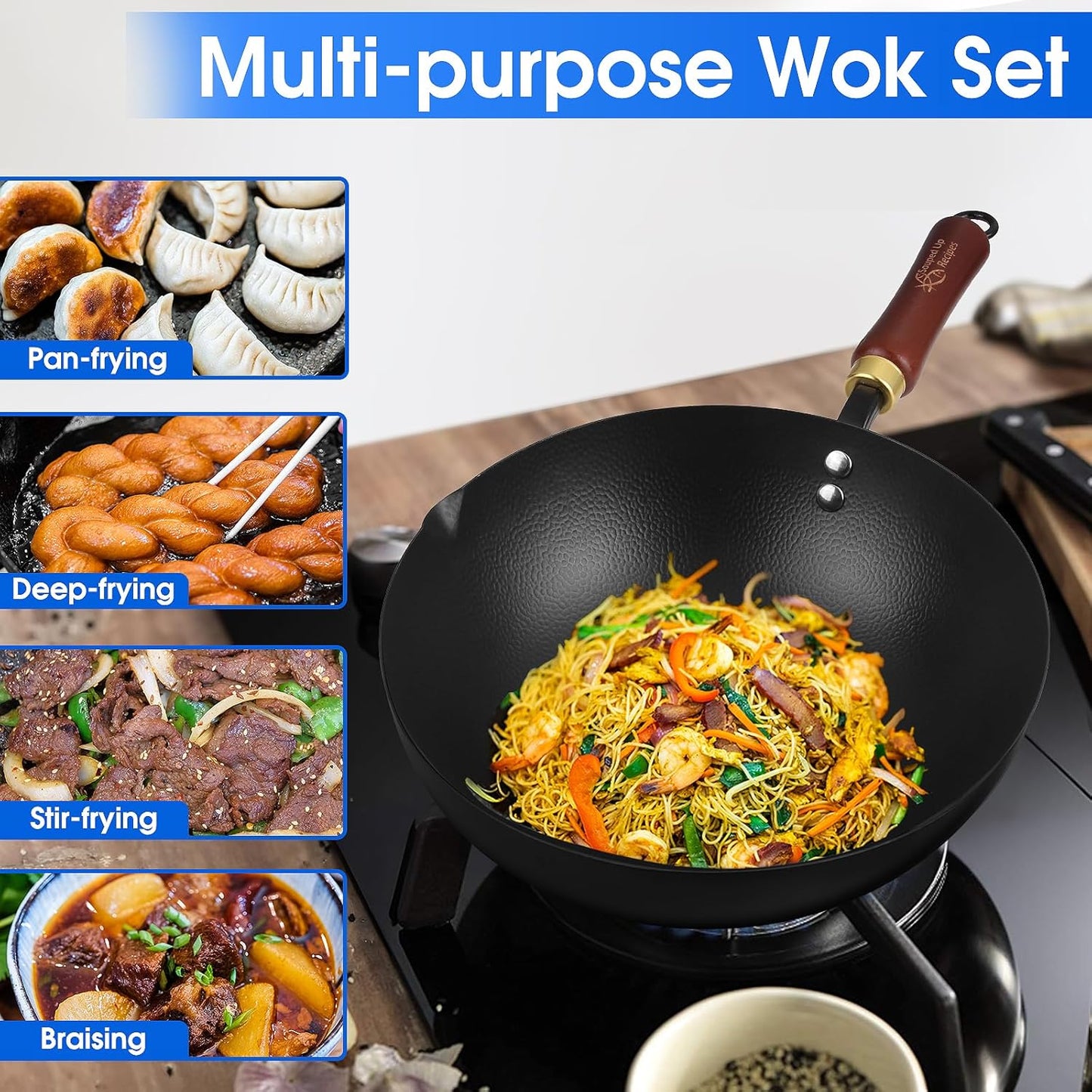 10 Inch Carbon Steel Wok For Electric, Induction and Gas Stoves (Lid and User Guide Video Included)