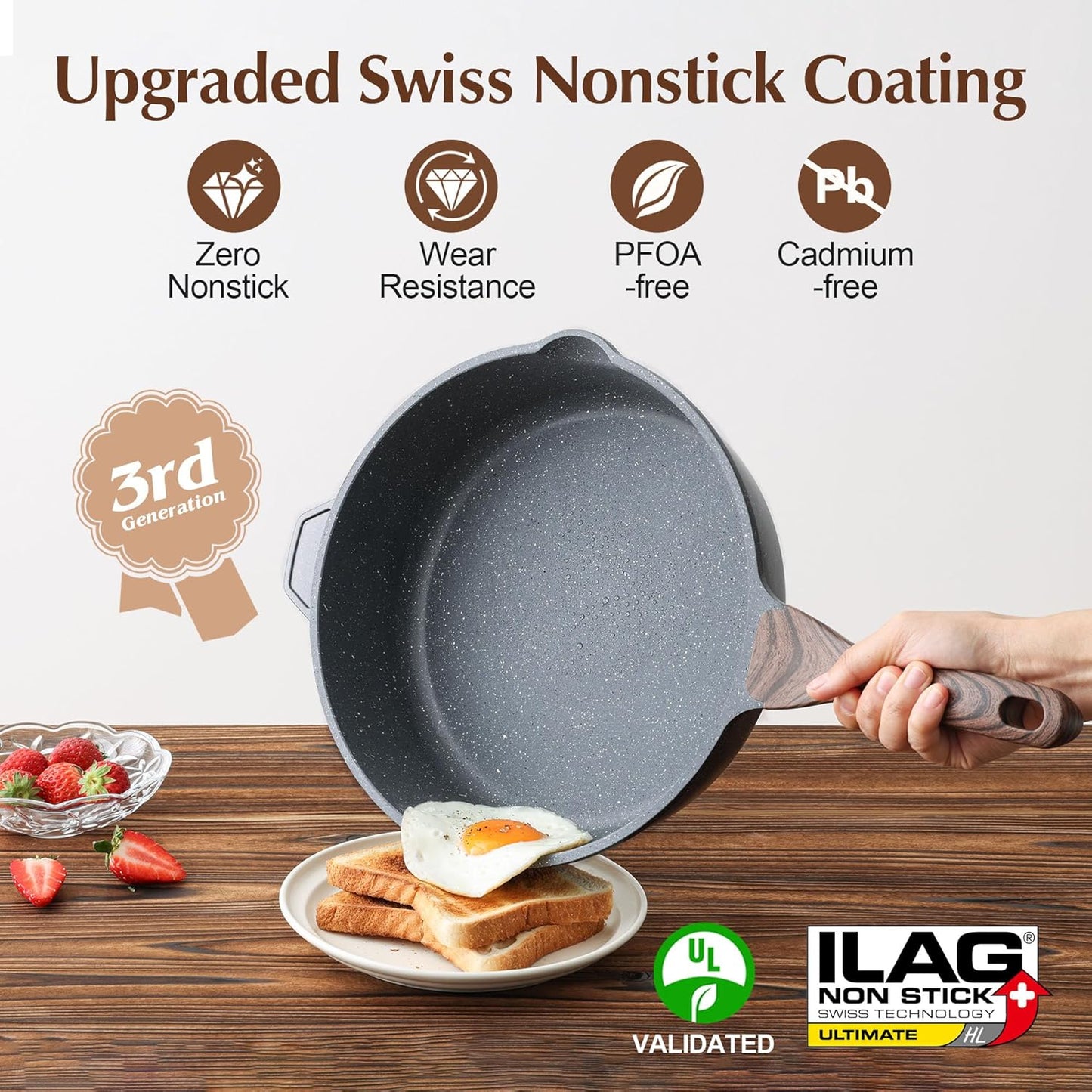 SENSARTE Nonstick Deep Frying Pan Skillet, 11-inch Saute Pan with Lid, Stay-cool Handle, Chef Pan Healthy Stone Cookware Cooking Pan, Induction Compatible