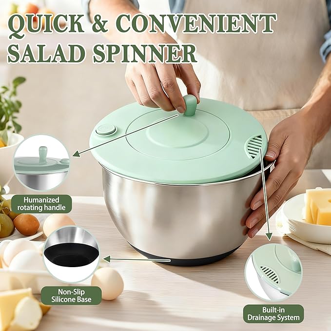 Unokit Stainless Steel Salad Spinner - Large Salad Spinner with Non-Slip Base and 5 Blade Slicers, Dishwasher Safe Lettuce Spinner for Efficient Salad Preparation and Food Washing in Kitchen
