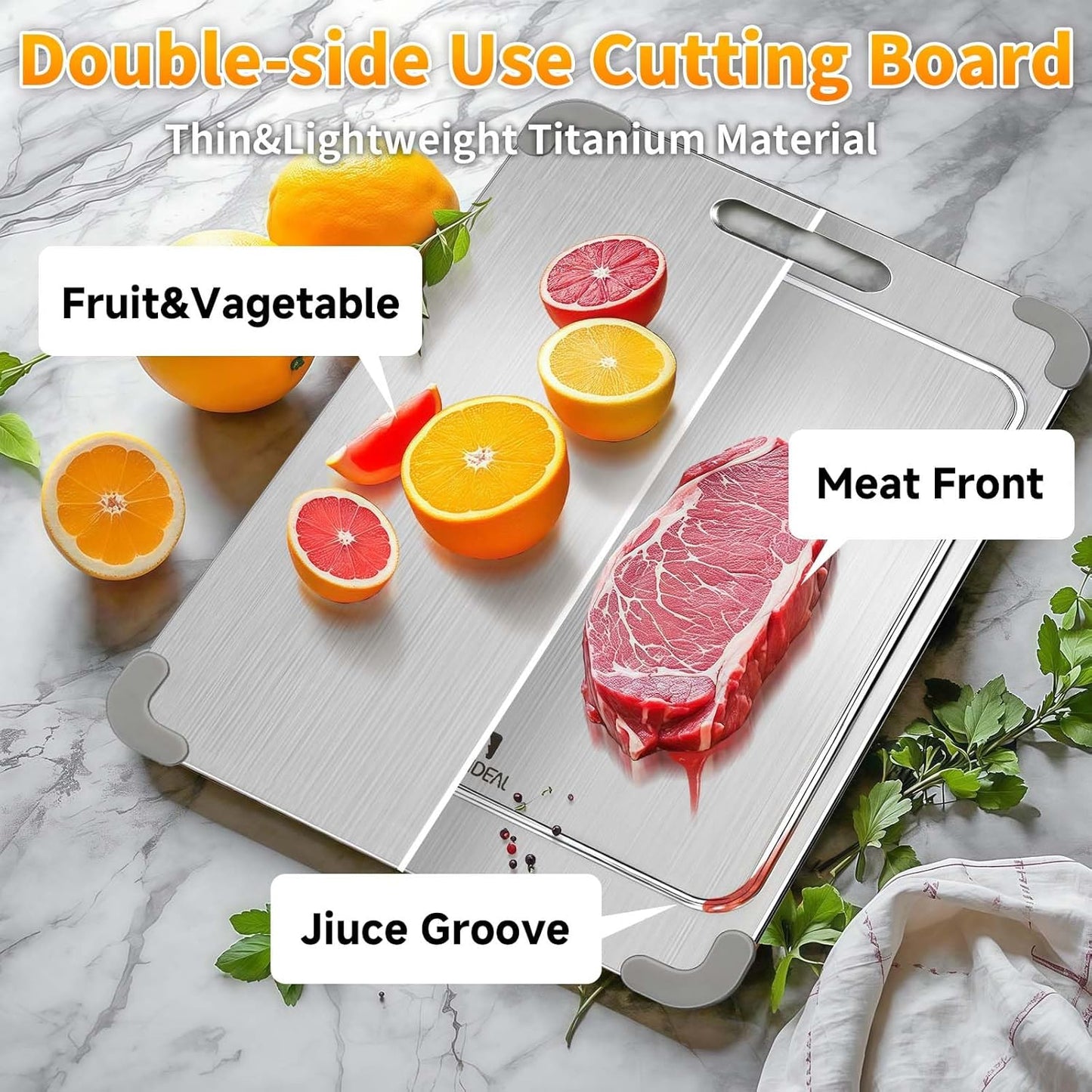 100% Pure Titanium Cutting Board with Grooves, Update Double Side Titanium Chopping Board, Silicone Anti-slip Stainless Cutting Boards for Kitchen 9 * 13 IN, Grey